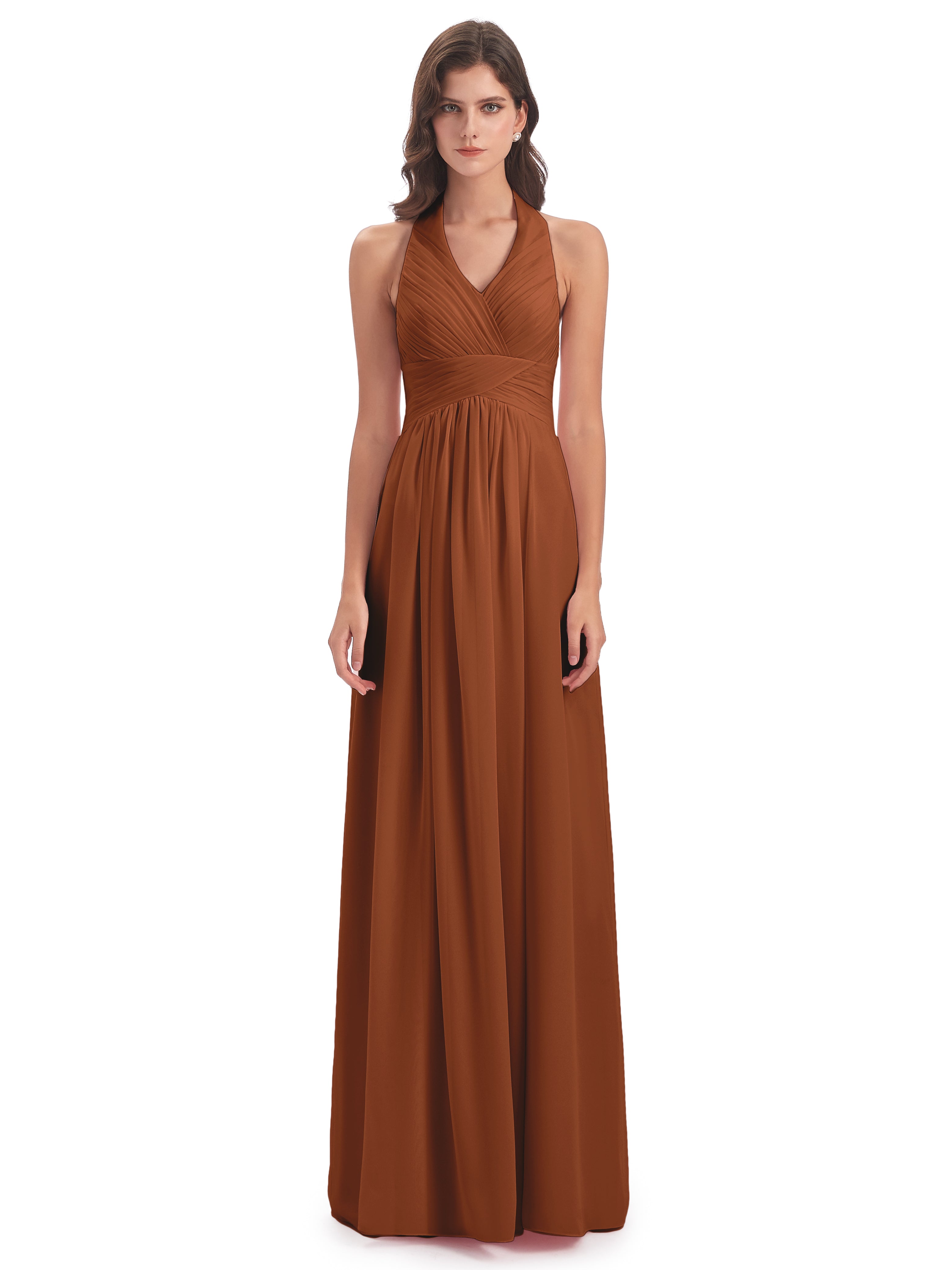 Camila A-line Halter Pleating Long Bridesmaid Dresses