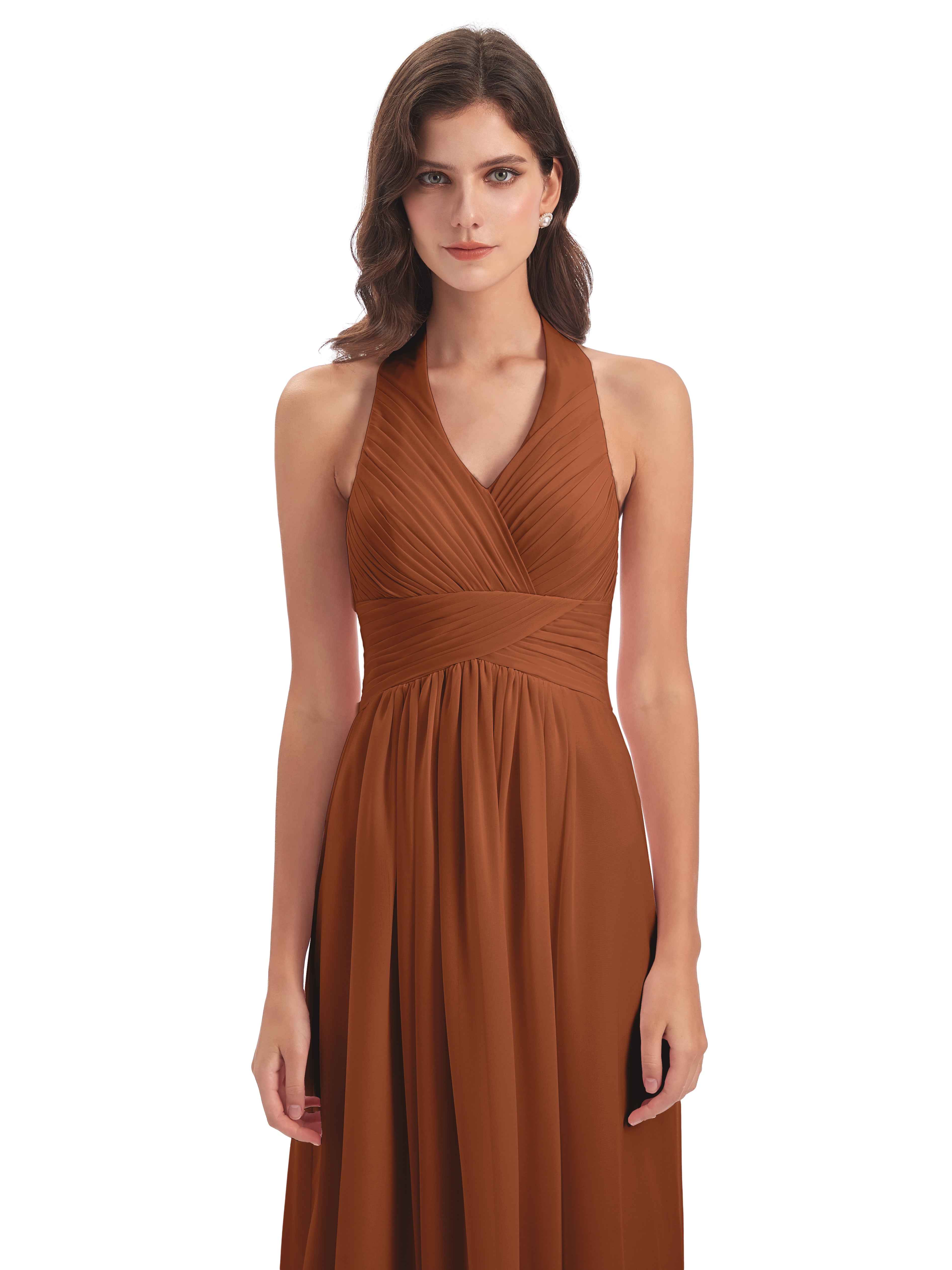 Camila A-line Halter Pleating Long Bridesmaid Dresses