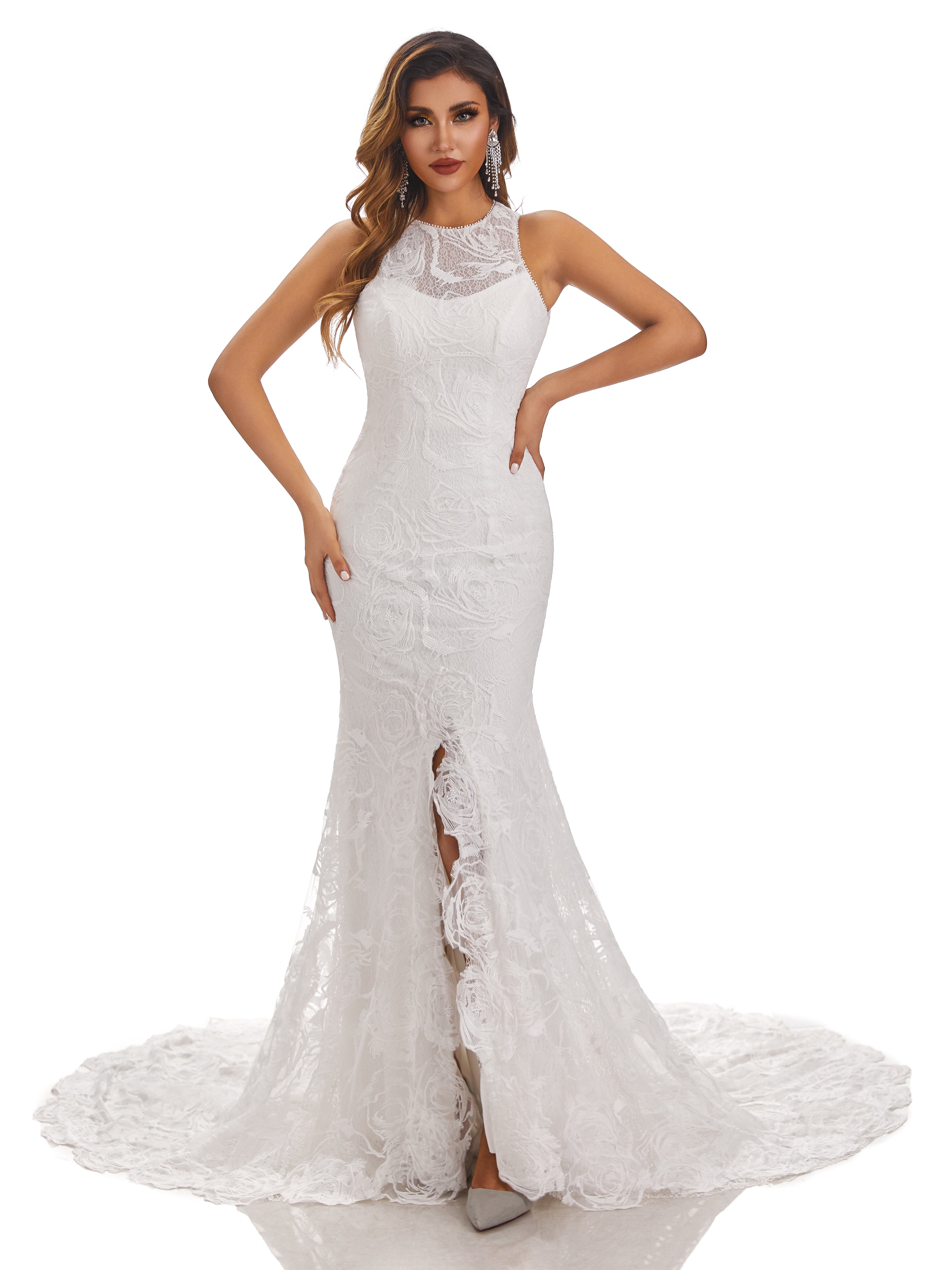 Lace High Neck Slit Mermaid Wedding Dress Lace High Neck Slit Mermaid Wedding Dress