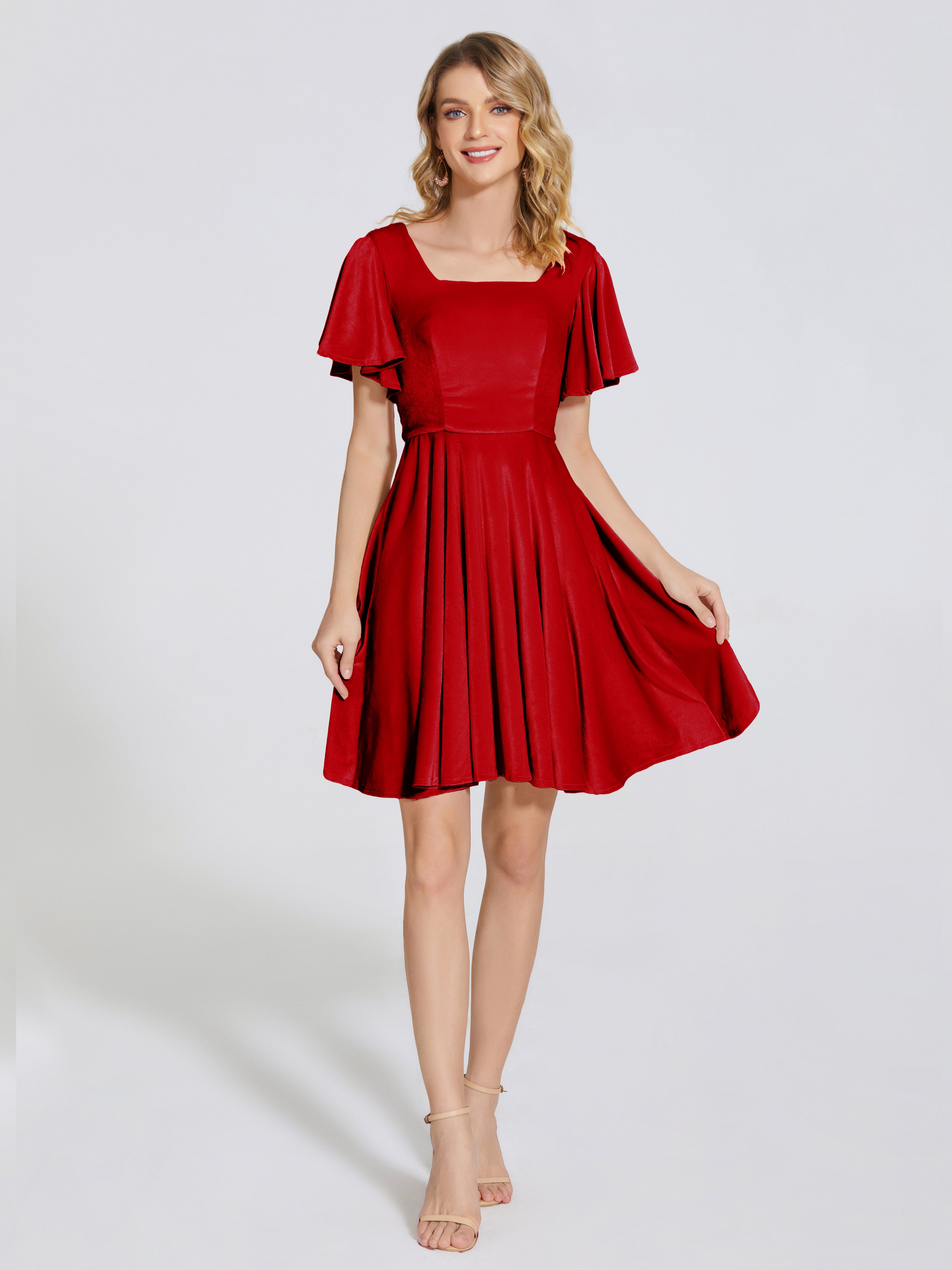 Cicinia Mini Velvet Bridesmaid Dress With Short Sleeves, Red Cicinia Mini Velvet Bridesmaid Dress With Short Sleeves, Red