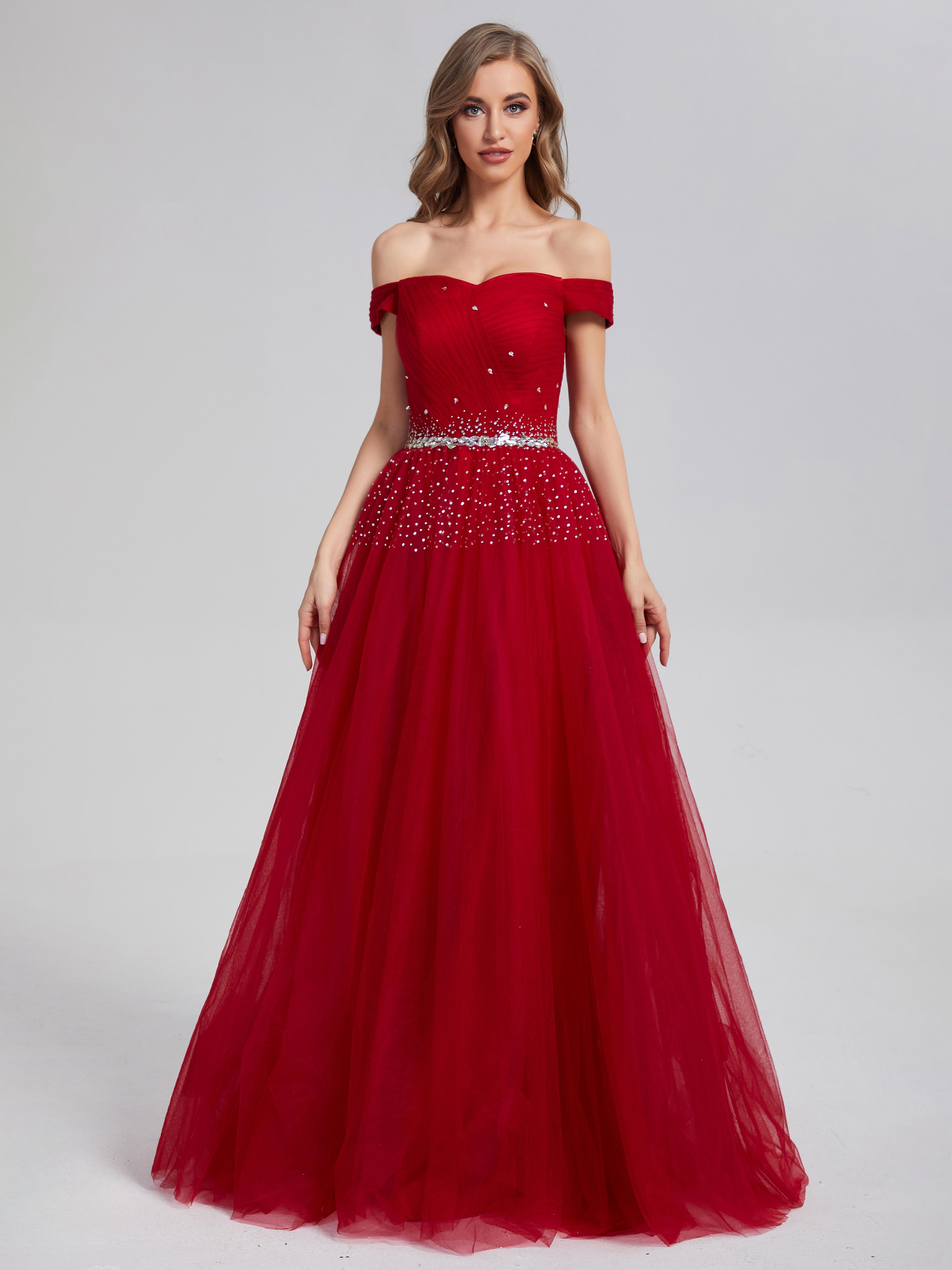 Off the Shoulder Pleats Beading Prom Dresses Off the Shoulder Pleats Beading Prom Dresses