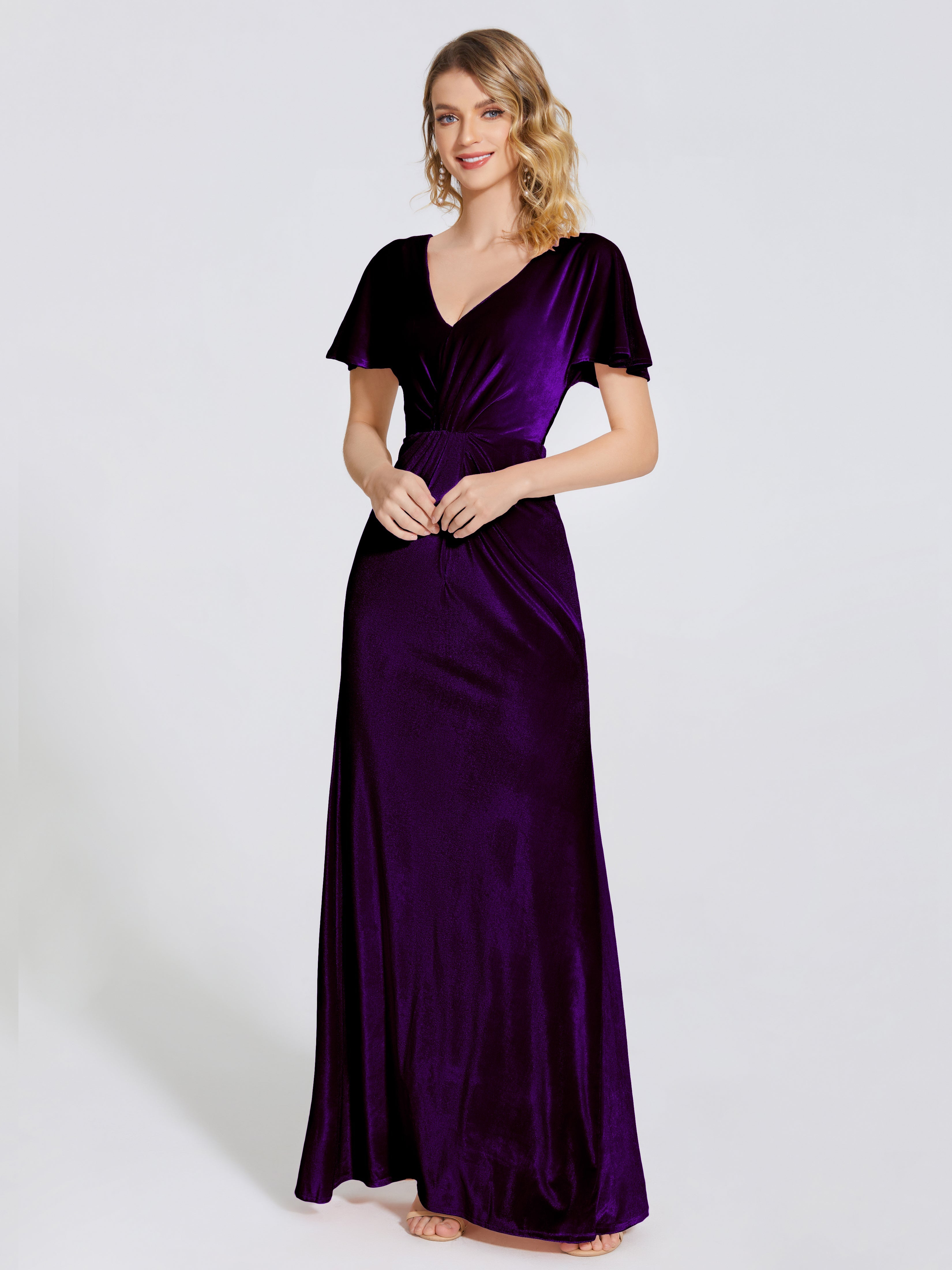 Cicinia Summer Sheath Velvet Bridesmaid Dress With Short Sleeves, Grape Cicinia Summer Sheath Velvet Bridesmaid Dress With Short Sleeves, Grape