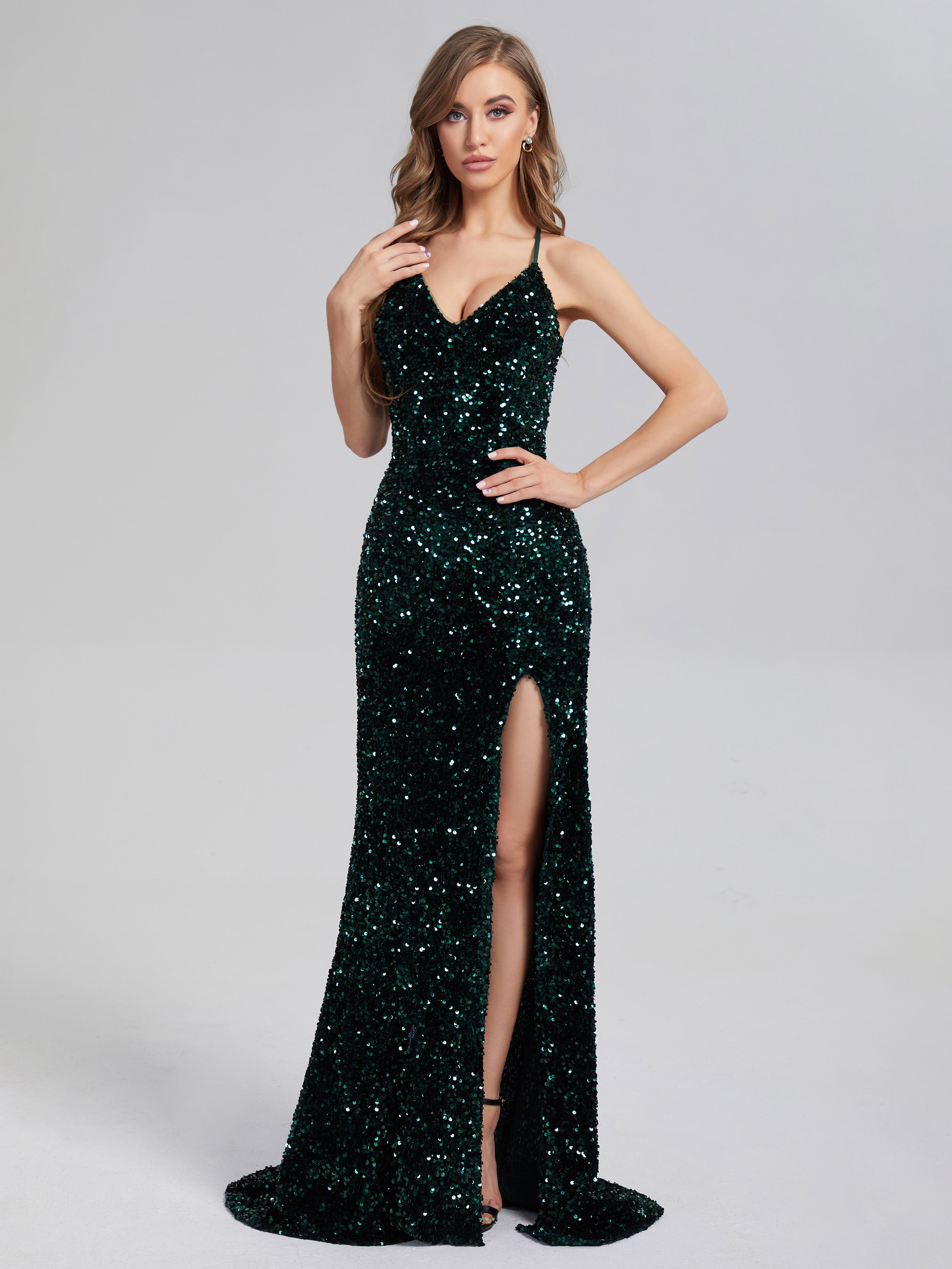 split sequin dress Long One Shoulder Sequin Leg Slit Dress by LaDivine CH077