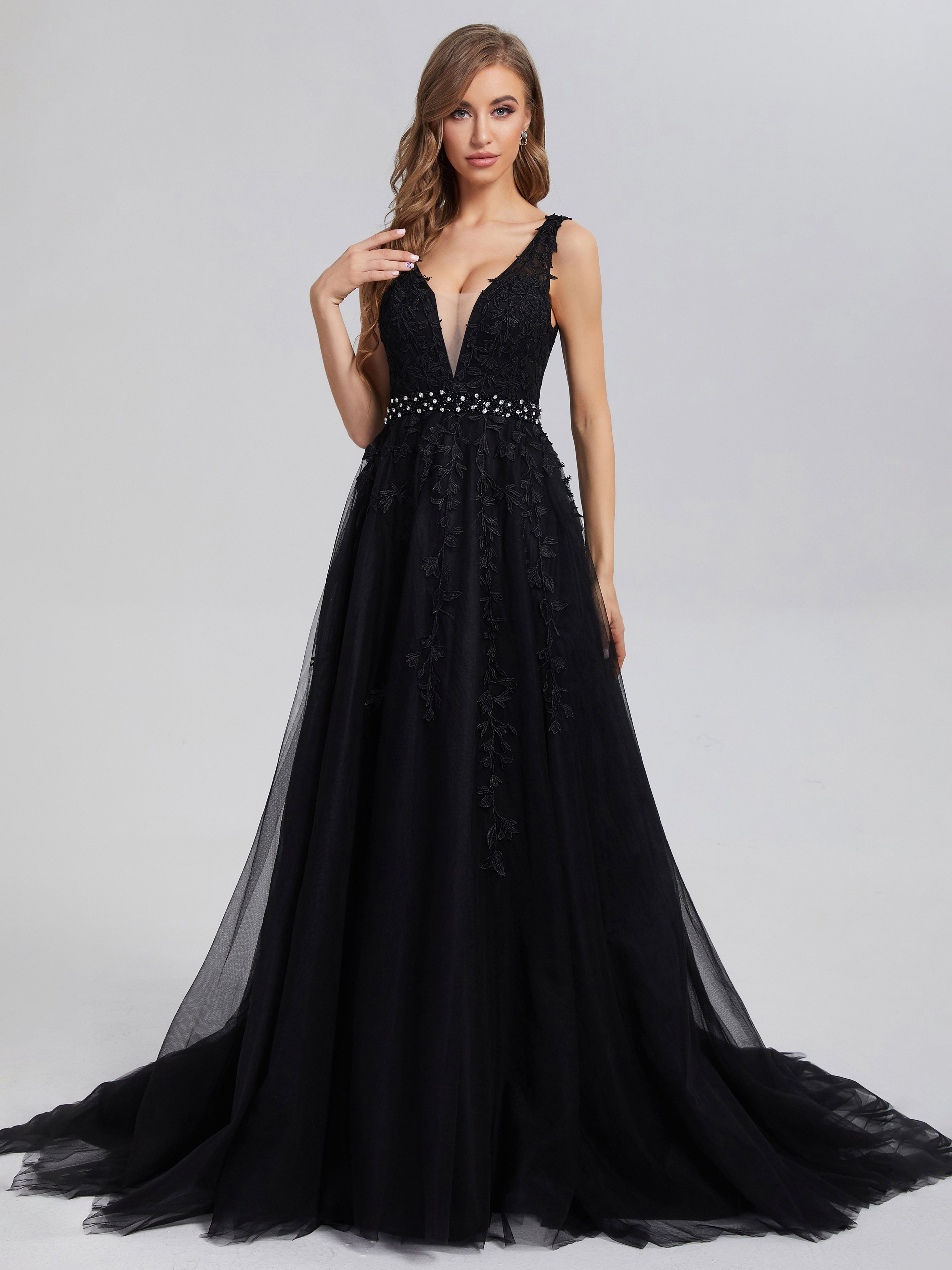 V-Neck Backless Appliques Satin Prom Dresses V-Neck Backless Appliques Satin Prom Dresses