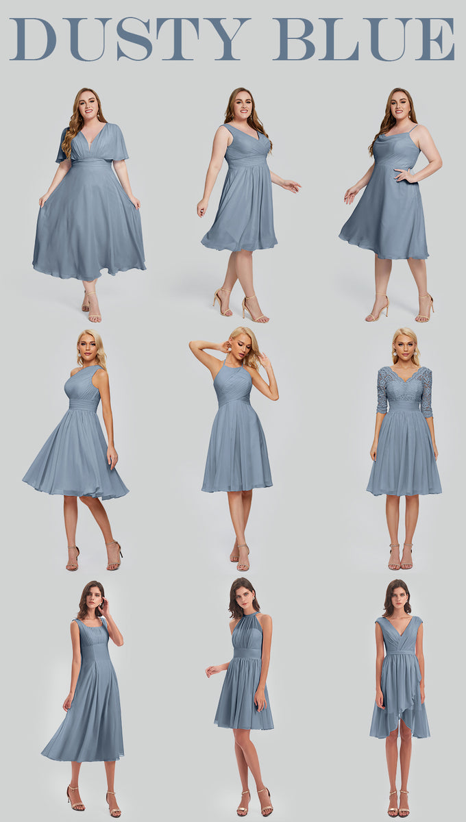 dusty blue dress knee length Tracy Dusty Blue Satin Wrap Dress: Flutter Sleeves, Knee-length