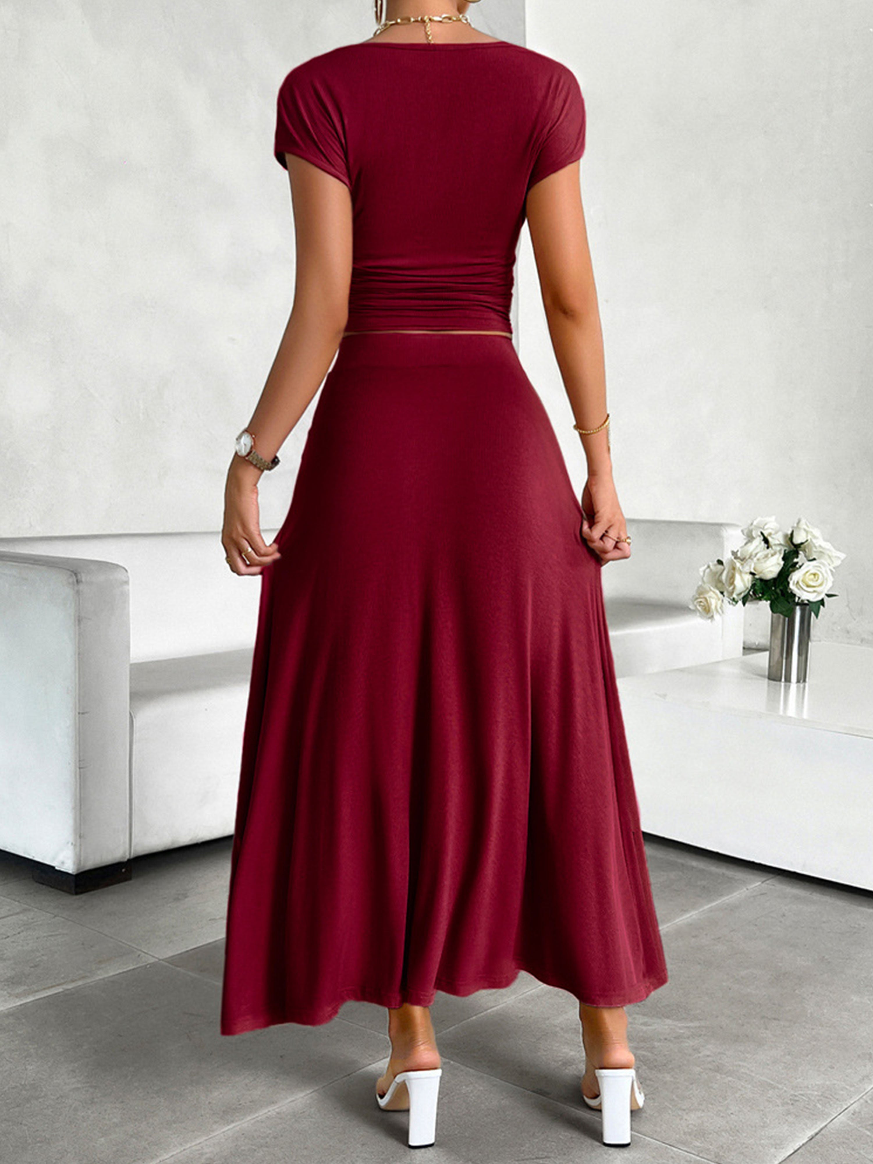 Sheath/Column Elegant 2 Pieces Sleeves Solid Color Burgundy Wedding Guest Dress Suits