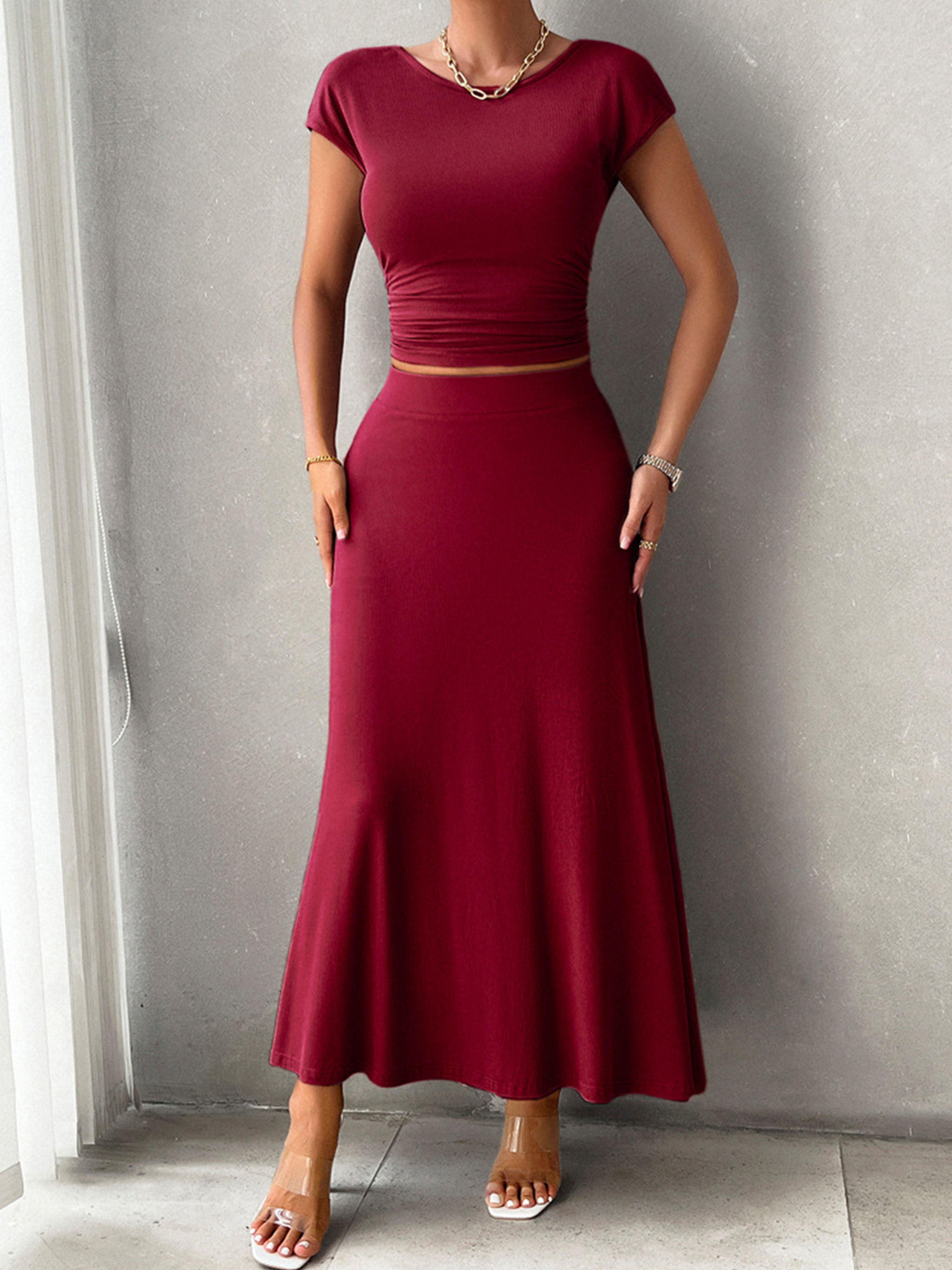 Sheath/Column Elegant 2 Pieces Sleeves Solid Color Burgundy Wedding Guest Dress Suits