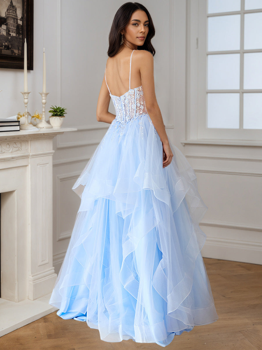 Cicinia Sky Blue Prom Dresses Long Tulle Floor Length Princess Dress