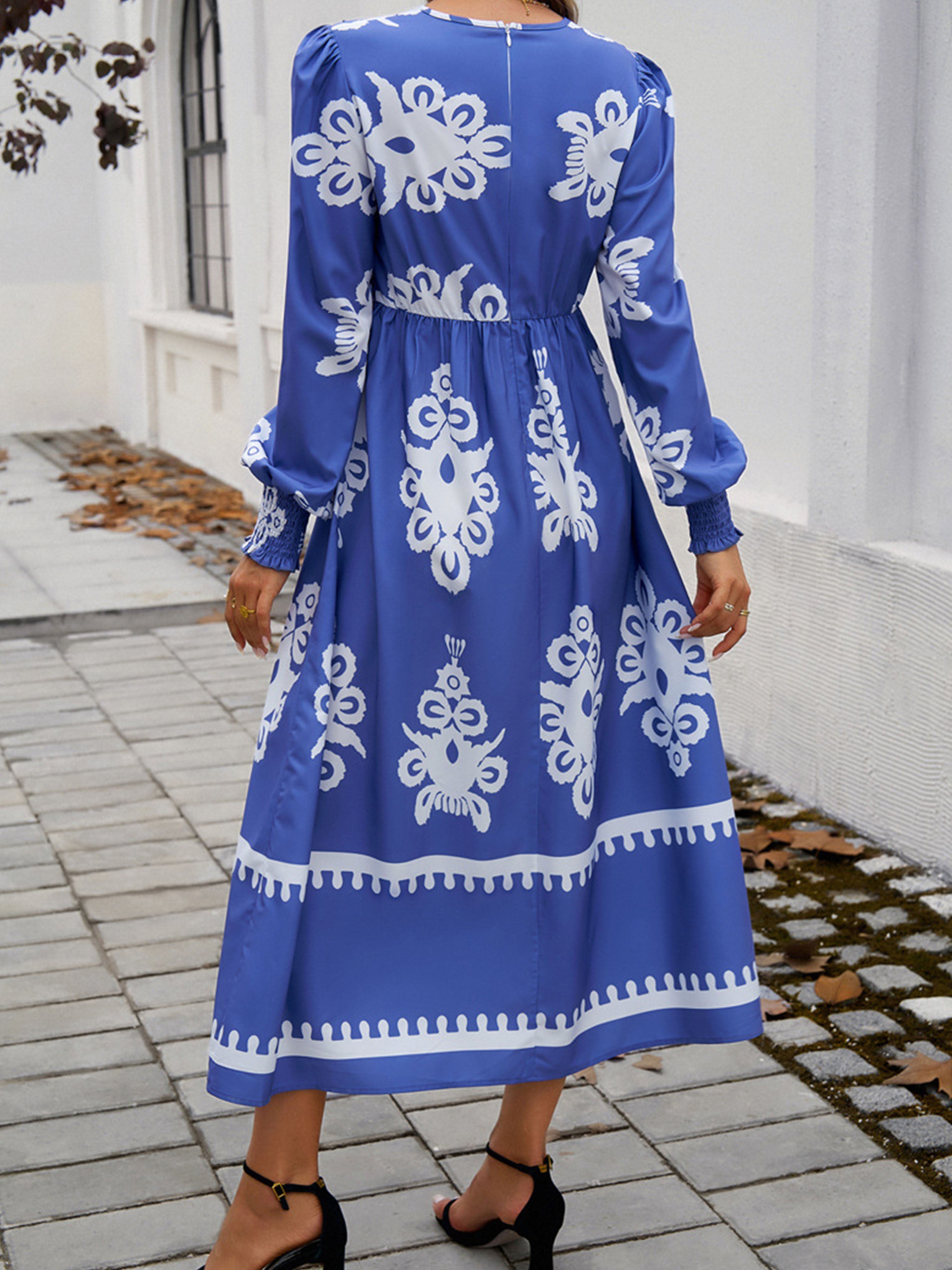 Blue Color Blocking Empire Waist Long Sleeves V Neck Wedding Guest Dress