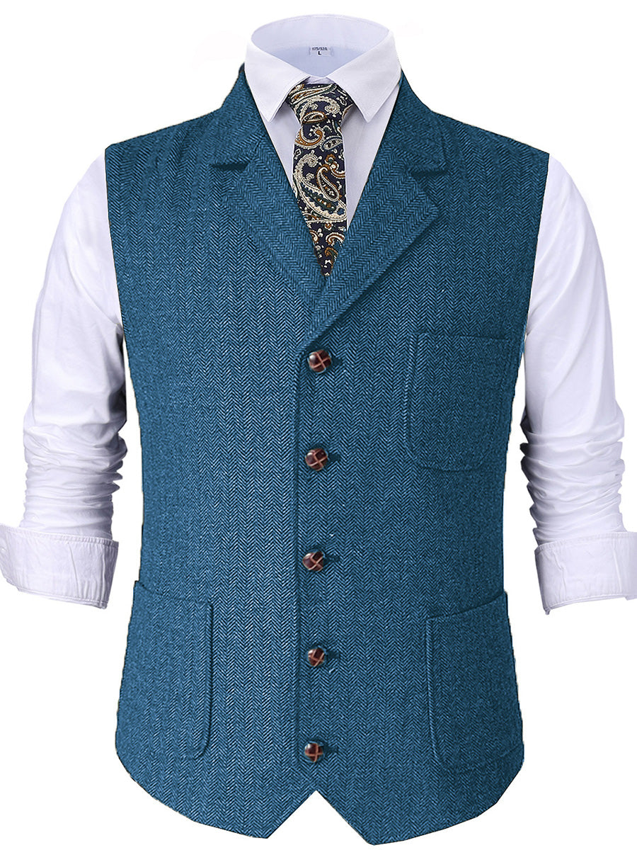 Vintage Blue Peak Lapel Slim Fit Single Breasted Solid Color Men's Ves