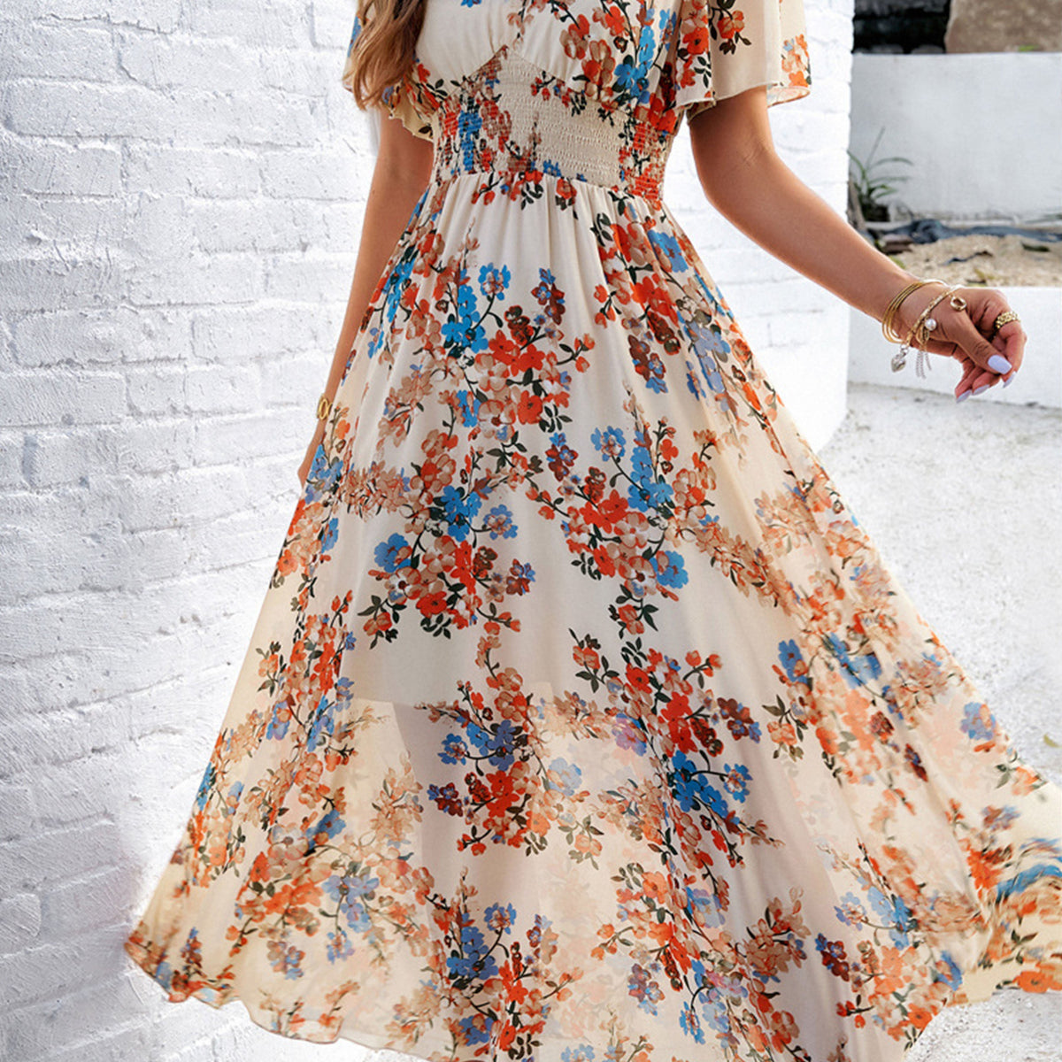 saige apricot floral long sleeve maxi dress Floral Elegant V Neck Sleeves Apricot Long Wedding Guest Dress, Apricot / XL