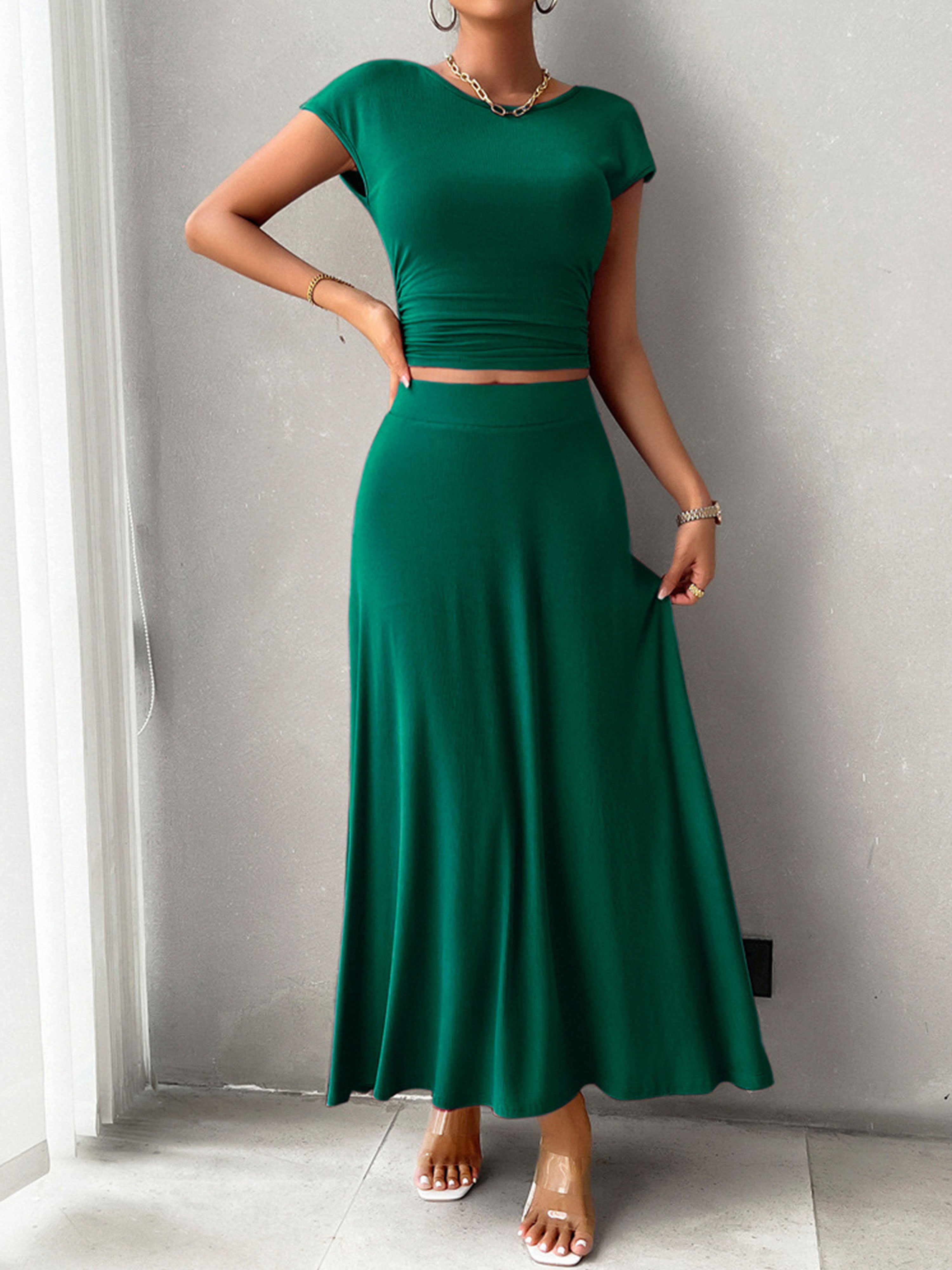 Sheath/Column Elegant 2 Pieces Sleeves Solid Color Dark Green Wedding Guest Dress Suits