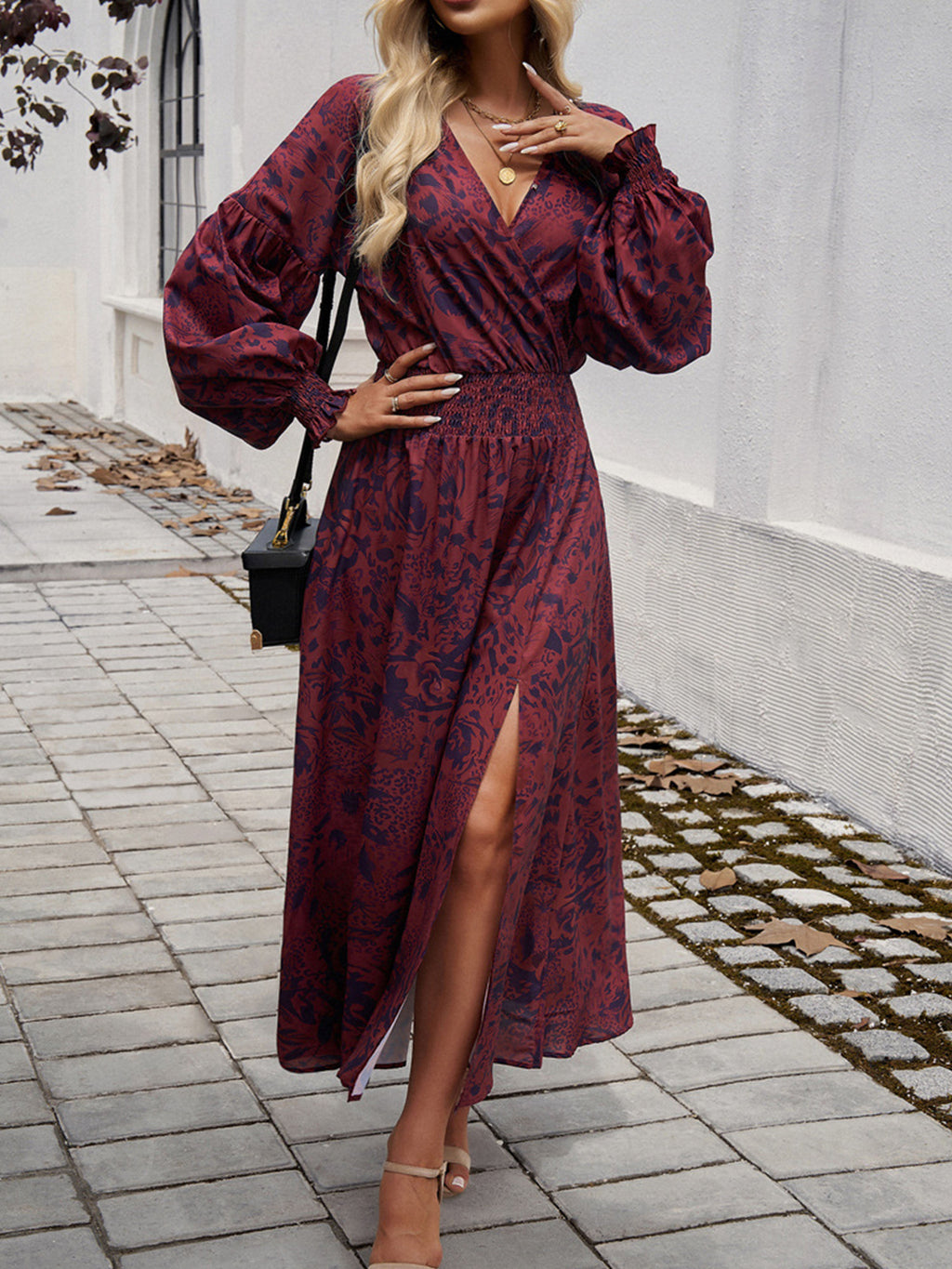 Empire Waist V Neck Long Sleeves Cabernet Wedding Guest Dress With Spl Empire Waist V Neck Long Sleeves Cabernet Wedding Guest Dress With Spl