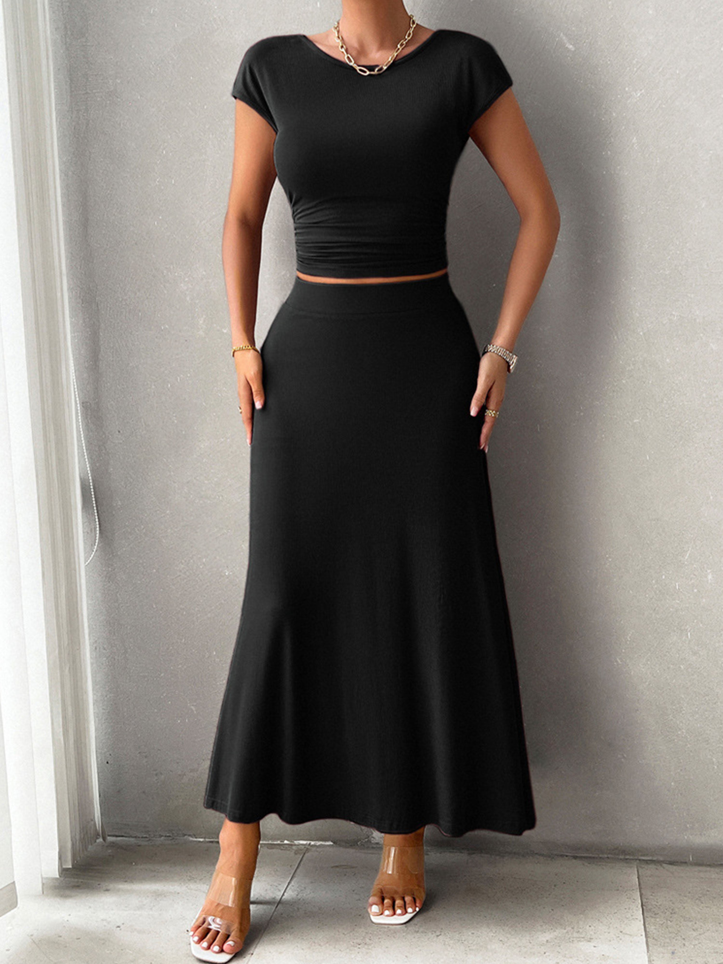 Sheath/Column Elegant 2 Pieces Sleeves Solid Color Black Wedding Guest Dress Suits