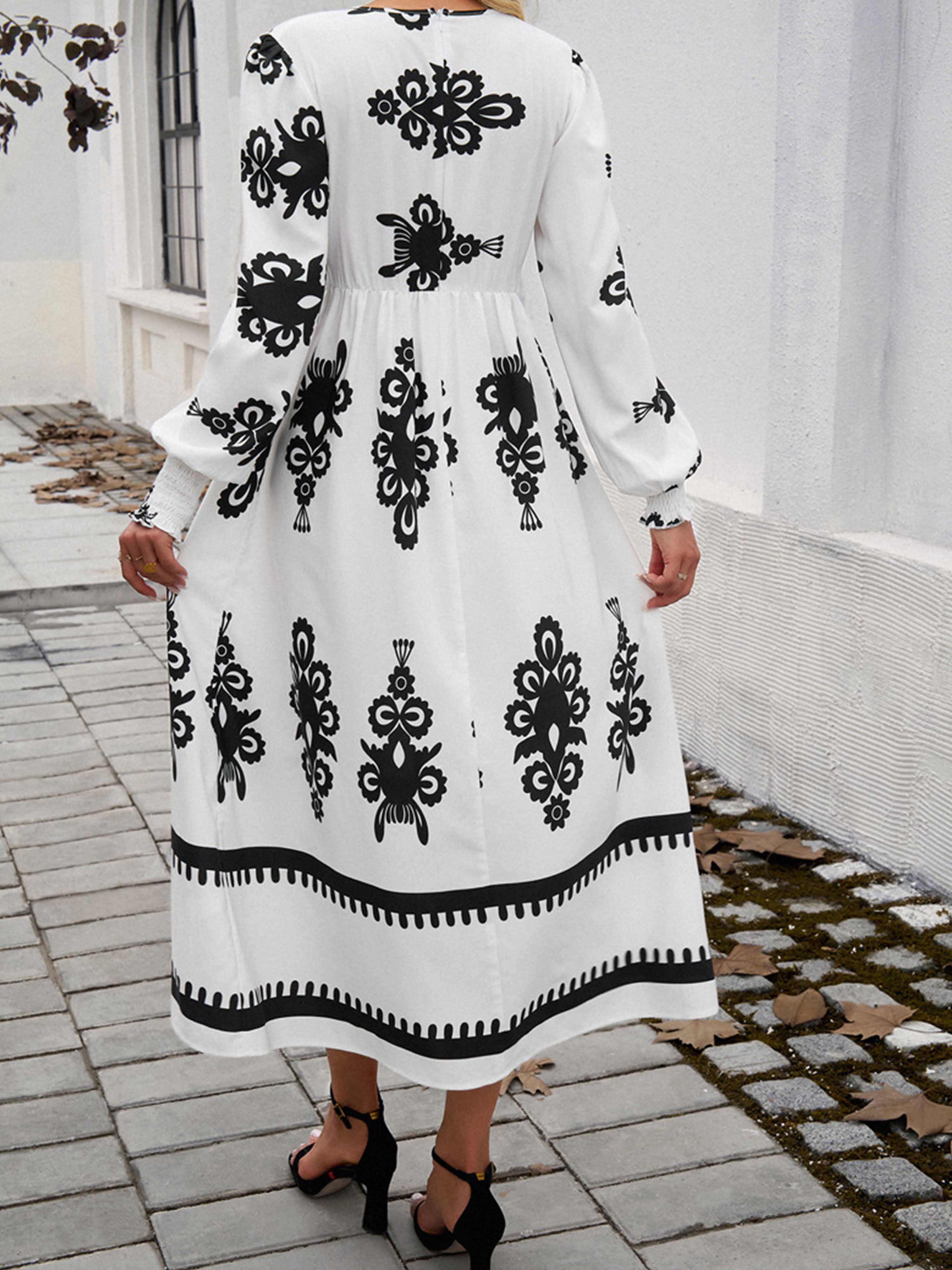 White Color Blocking Empire Waist Long Sleeves V Neck Wedding Guest Dress