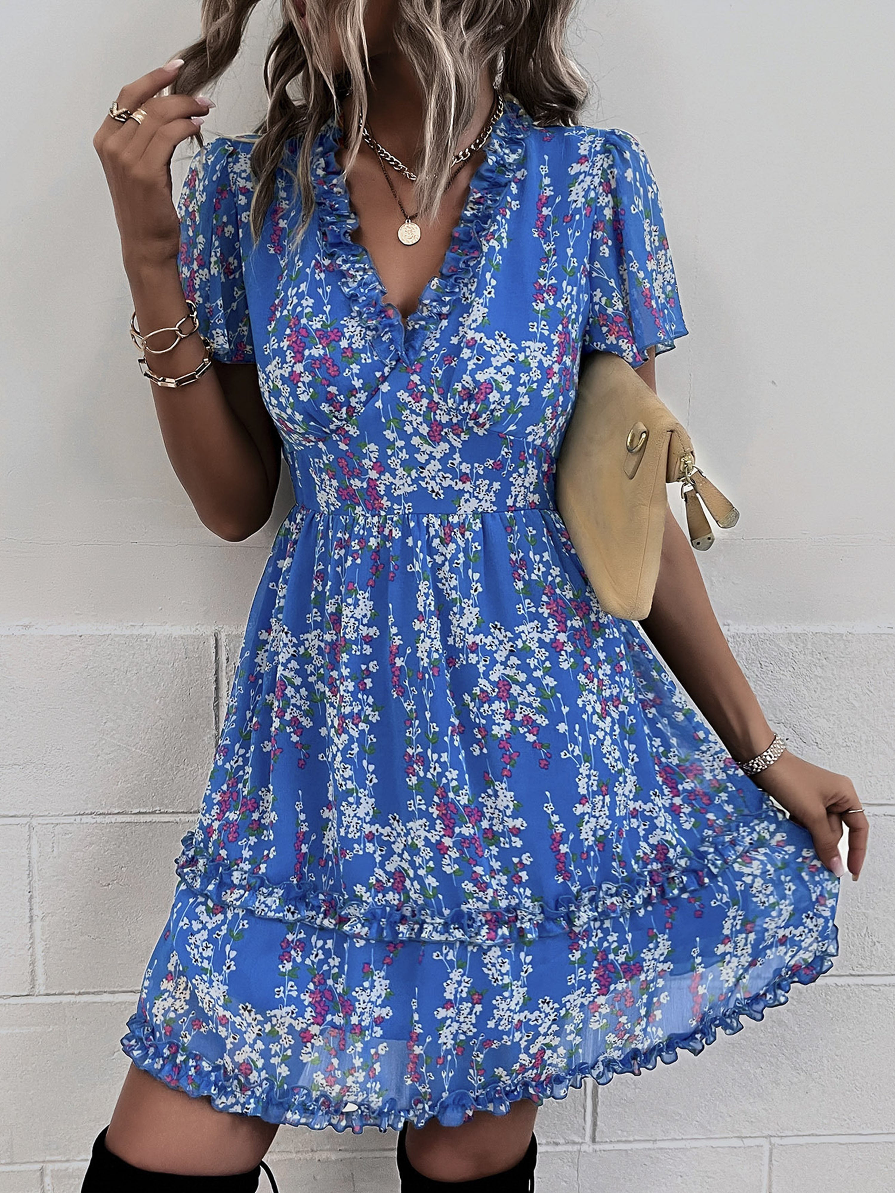 Blue Floral A Line Short Sleeves Ruffles V Neck Short Wedding Guest Dress