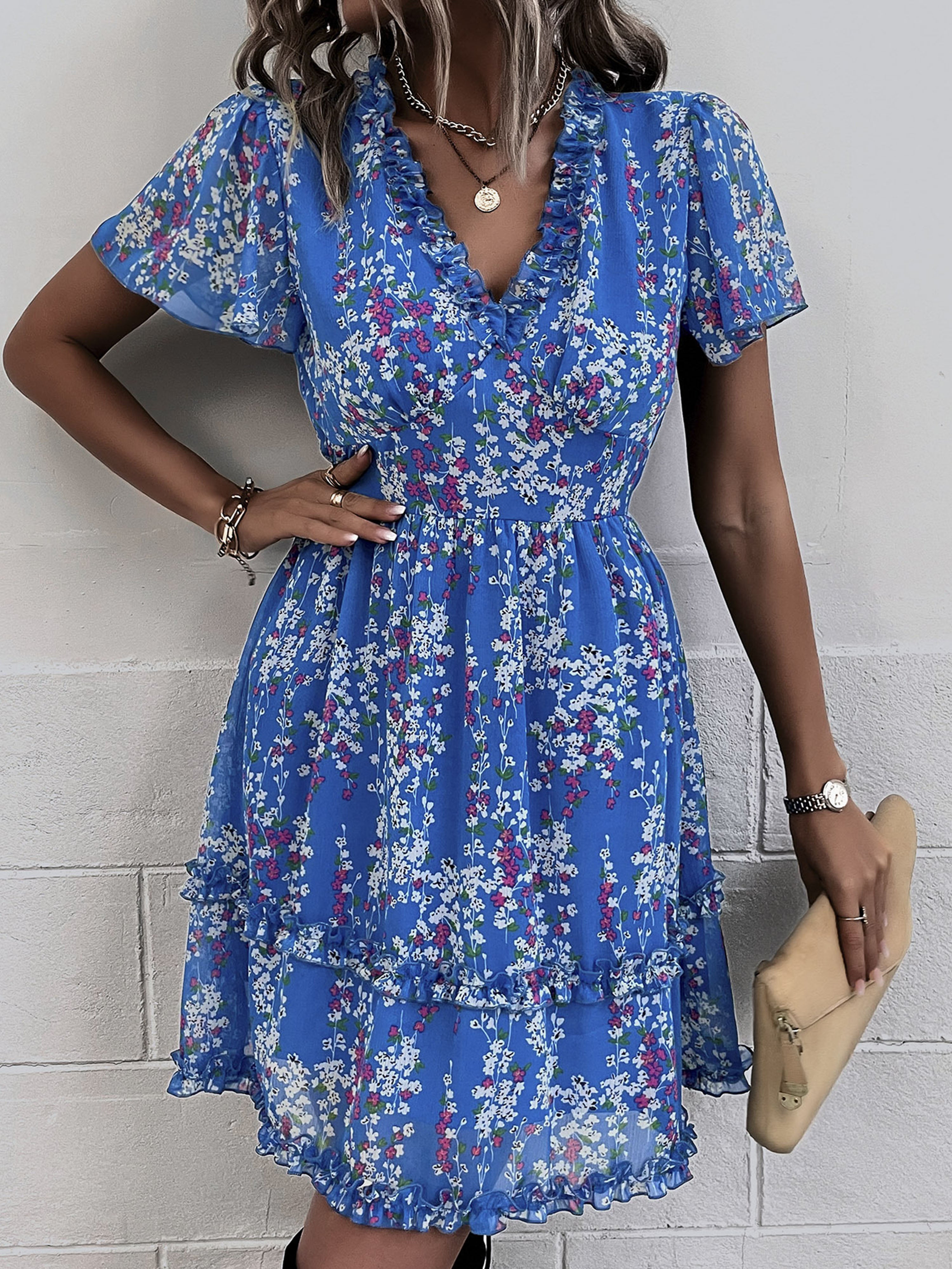 Blue Floral A Line Short Sleeves Ruffles V Neck Short Wedding Guest Dress