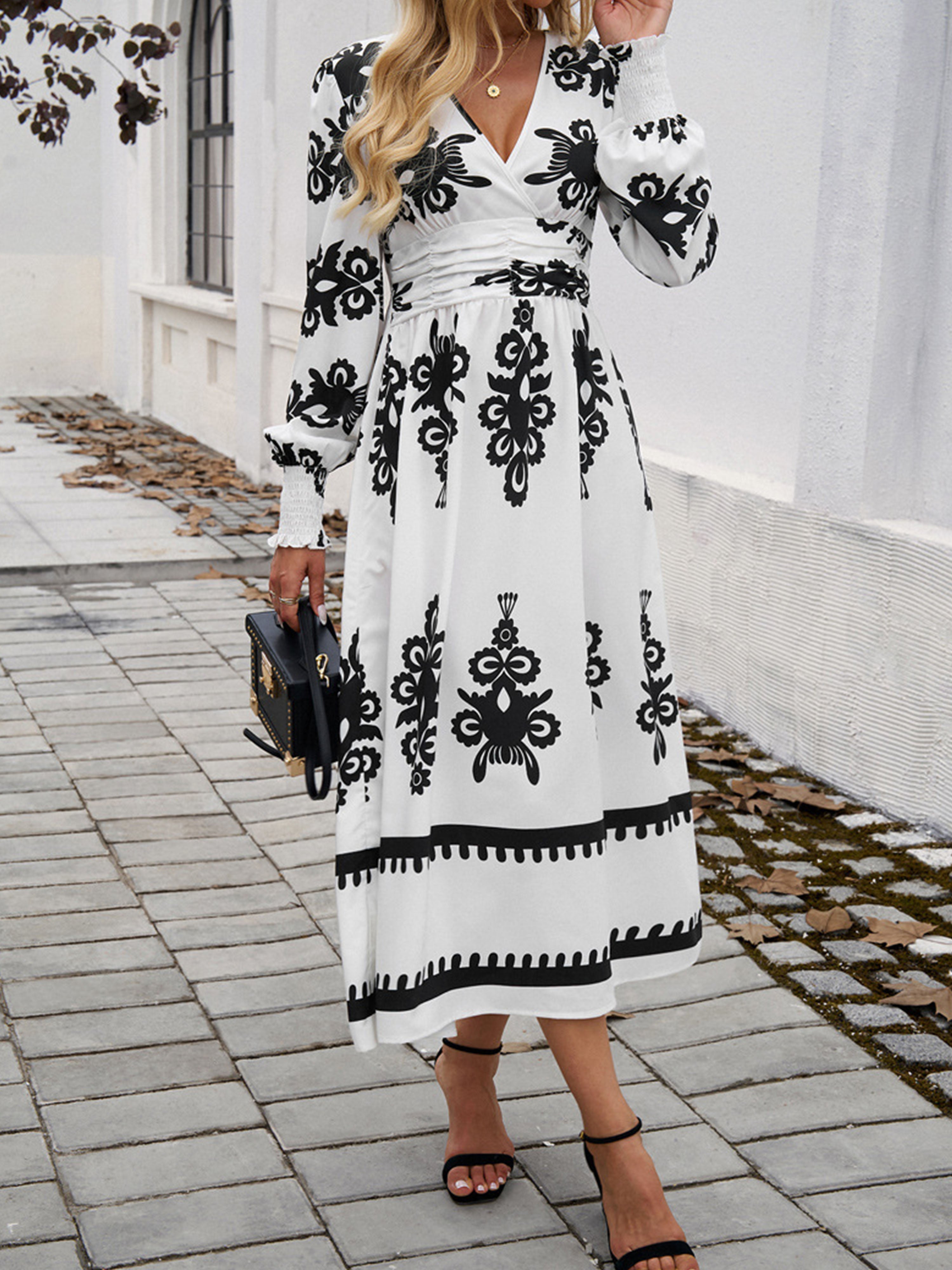 White Color Blocking Empire Waist Long Sleeves V Neck Wedding Guest Dress