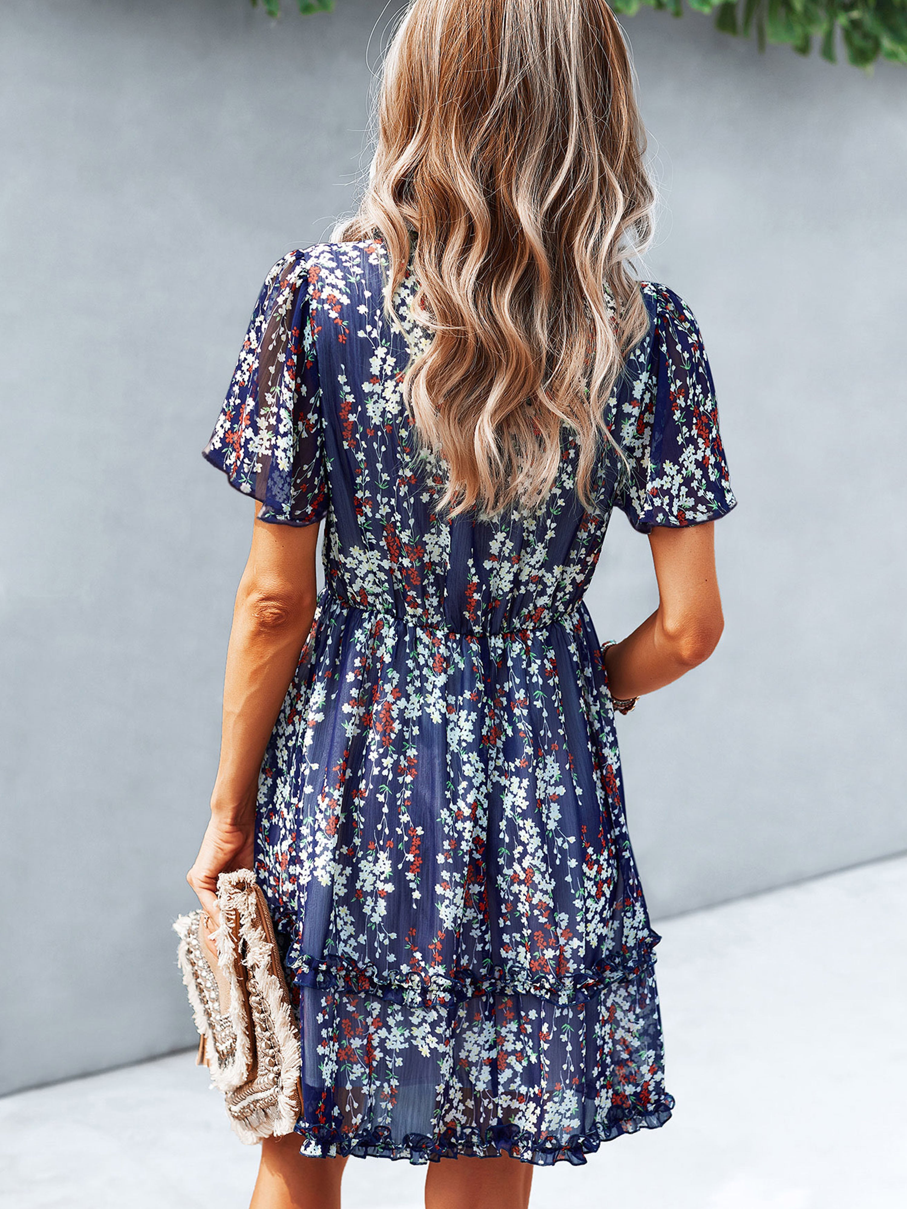 Dark Navy Floral A Line Short Sleeves Ruffles V Neck Short Wedding Guest Dress