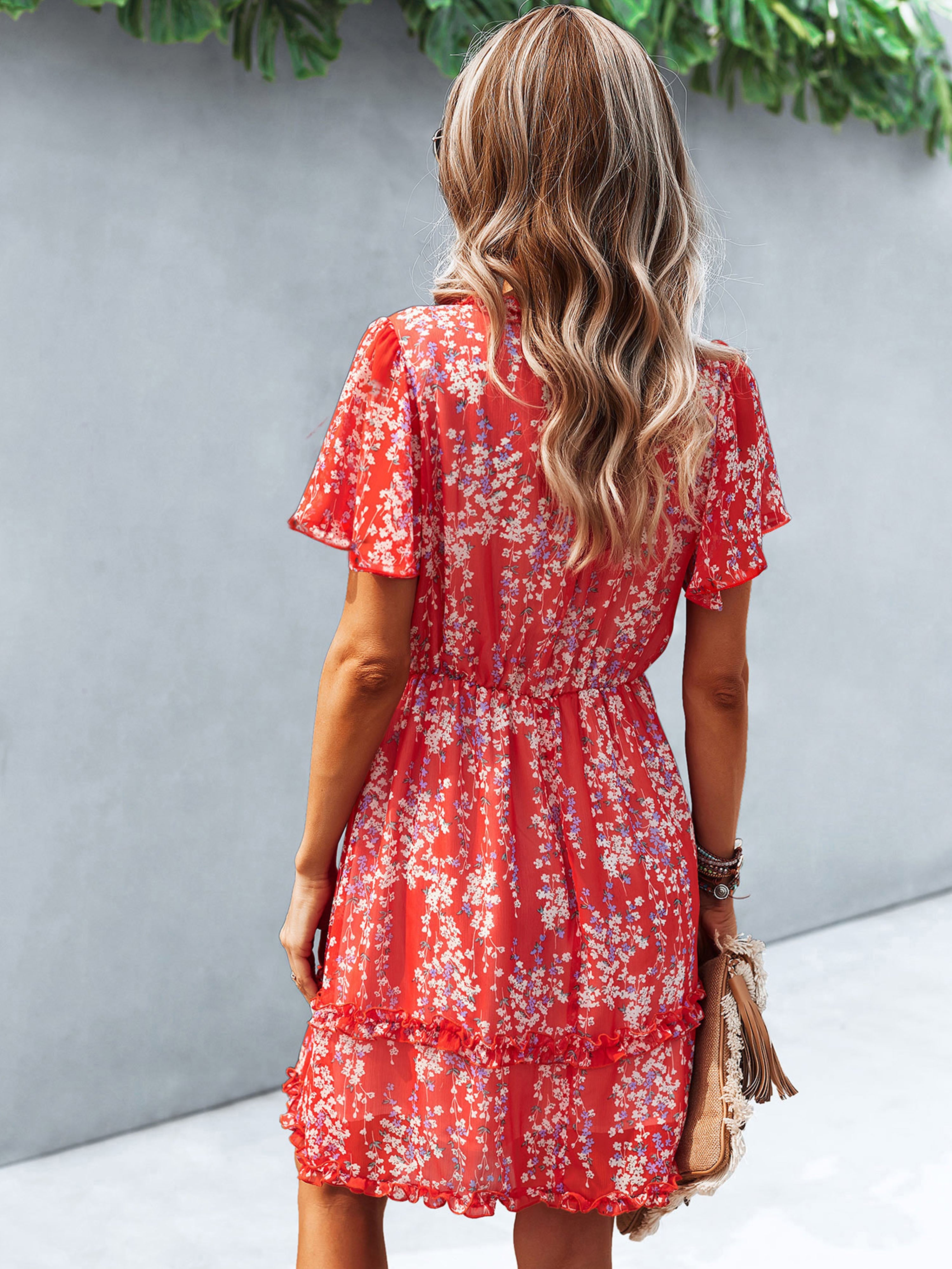 Red Floral A Line Short Sleeves Ruffles V Neck Short Wedding Guest Dress