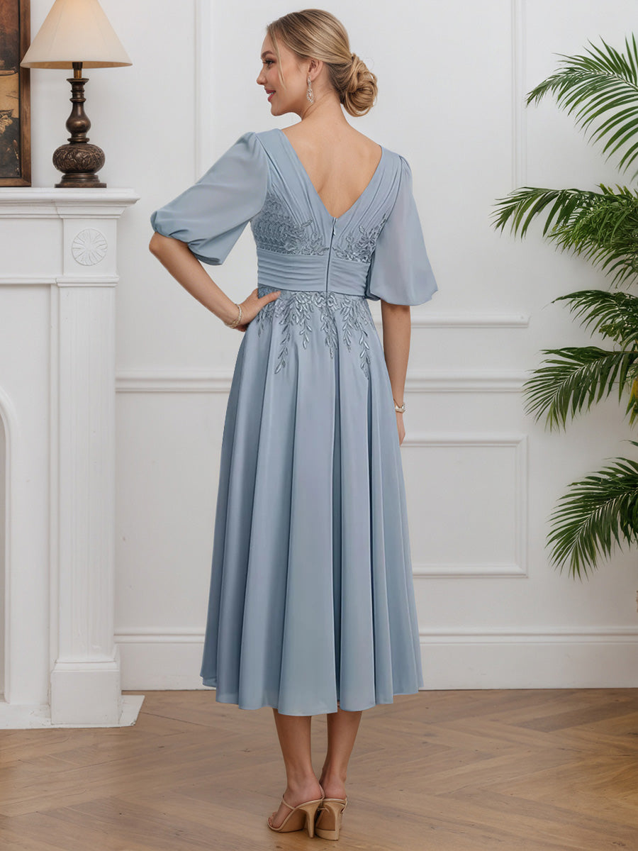 Cicinia Dusty Blue Mother Of The Bride Dress Long Chiffon Lace A-line Puffed Sleeves Tea Length