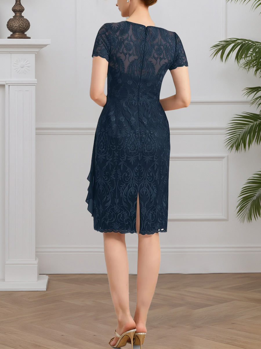 Cicinia Dark Navy Mother Of The Bride Dress Short Chiffon Lace Sheath Knee Length