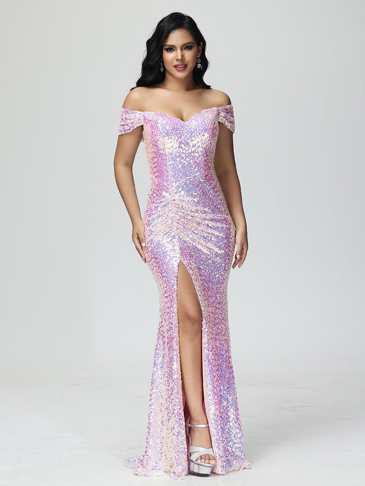 Sparkle Off The Shoulder Mermaid Sequins Prom Dress With Slit