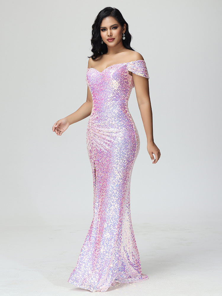 Sparkle Off The Shoulder Mermaid Sequins Prom Dress With Slit