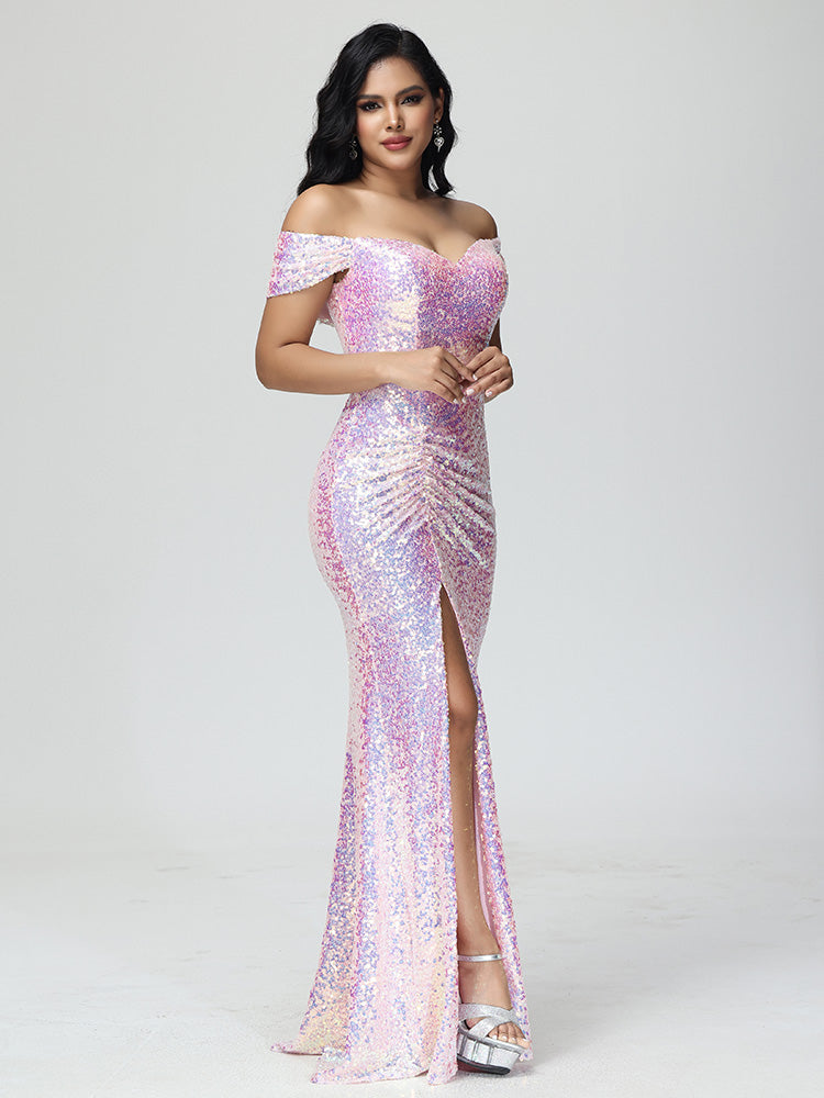 Sparkle Off The Shoulder Mermaid Sequins Prom Dress With Slit