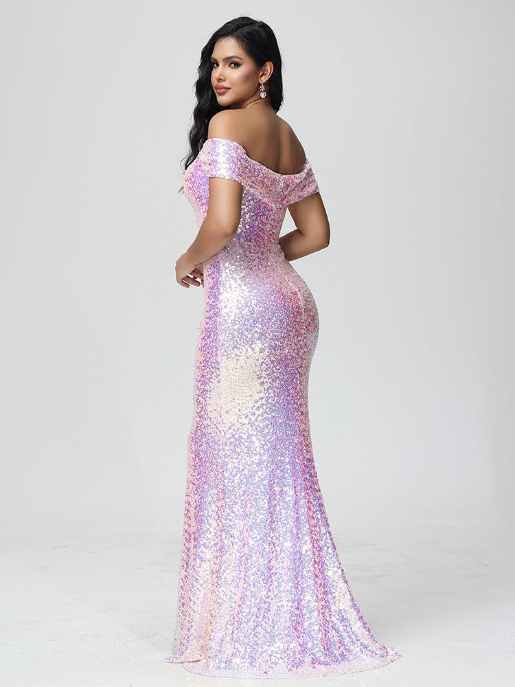 Sparkle Off The Shoulder Mermaid Sequins Prom Dress With Slit