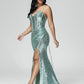 Spaghetti Straps Mermaid Sequins Wedding Guest Dress With Slit