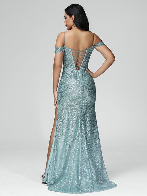 Pretty Mermaid Off The Shoulder Sequin Slit Long Prom Dresses Party Dress