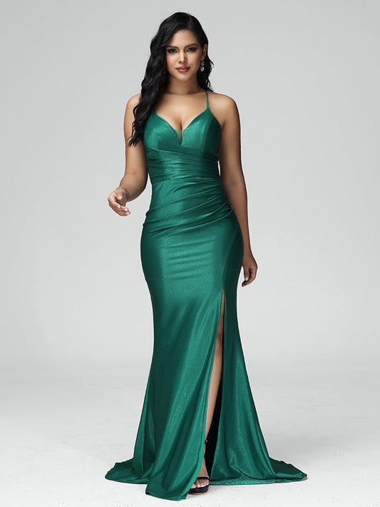 Simple V Neck Lace Up Mermaid Wedding Guest Dress With Slit