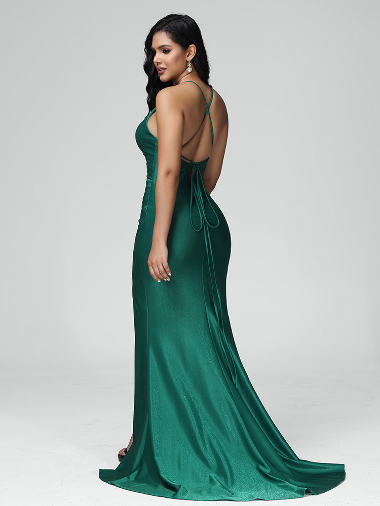 Simple V Neck Lace Up Mermaid Prom Dress With Slit