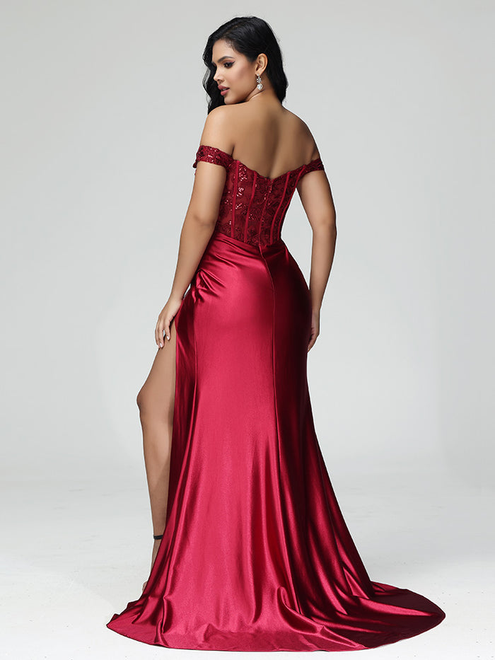 Off-The-Shoulder Mermaid Jersey Dress With Slit Dark Green