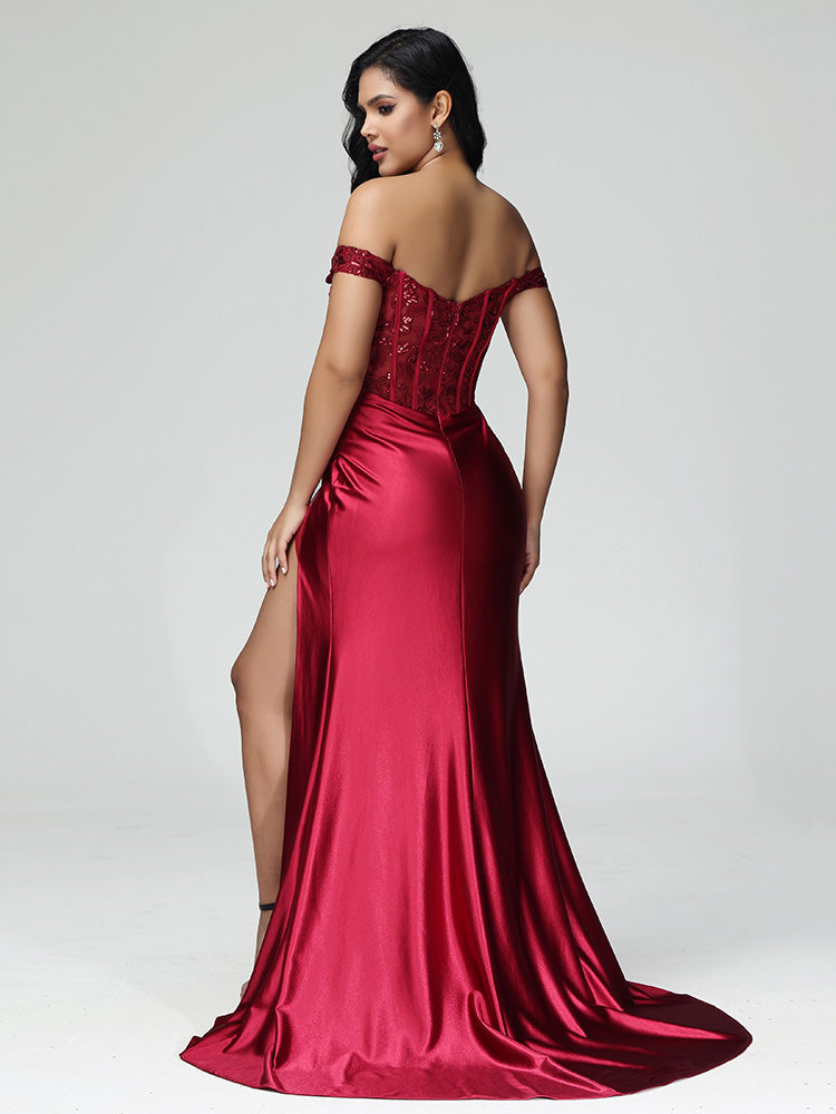 Off The Shoulder Mermaid Strapless Prom Dress With Slit