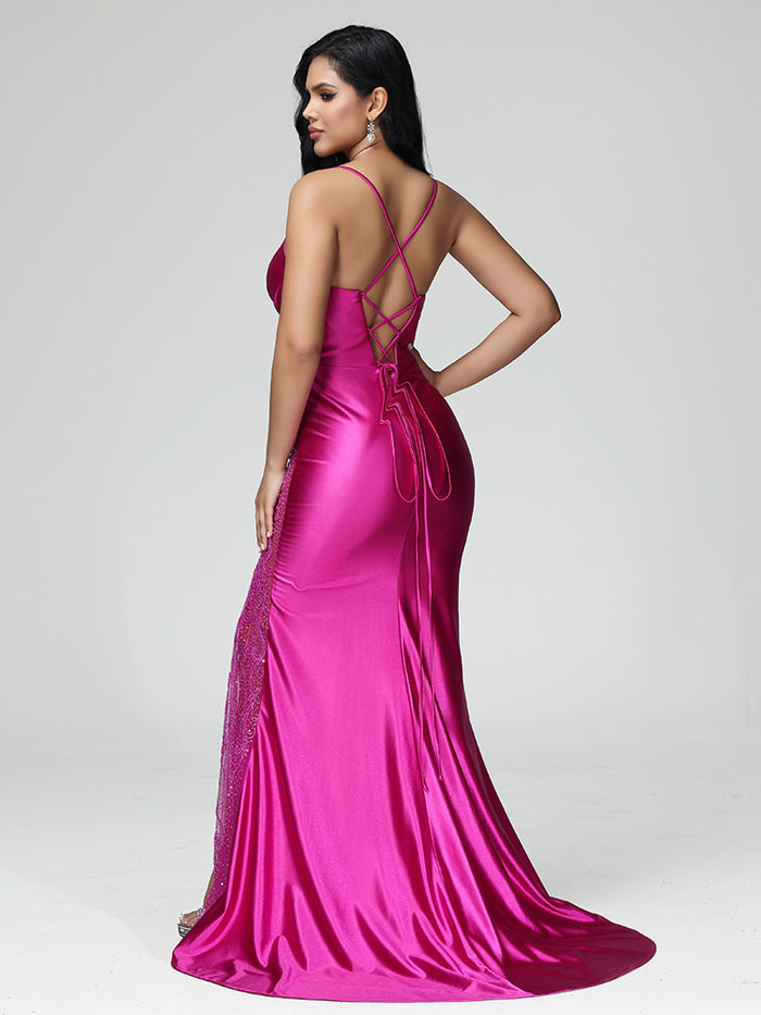 Spaghetti Straps Beads Mermaid Long Prom Party Dress with Slit main image 1