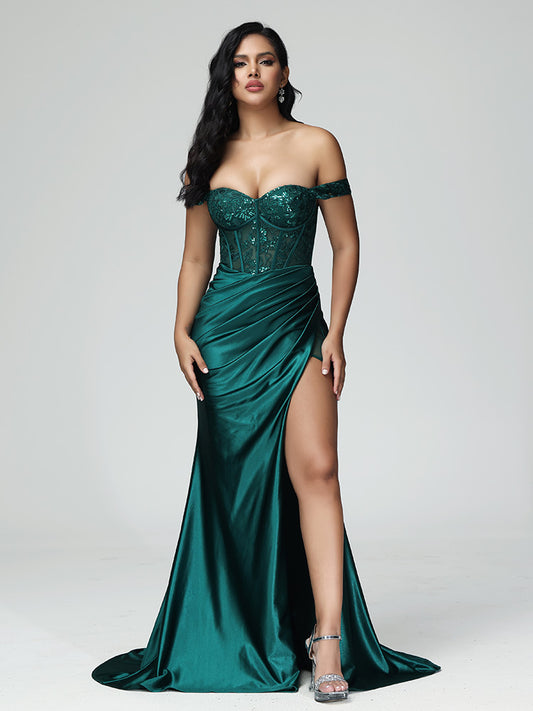 Off The Shoulder Sleeveless Prom Dress With Slit