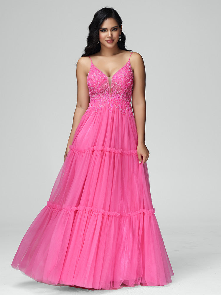 Spaghetti Straps Floor Length Lace Appliques Tulle Prom Dress