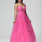 Spaghetti Straps Floor Length Lace Appliques Tulle Prom Dress