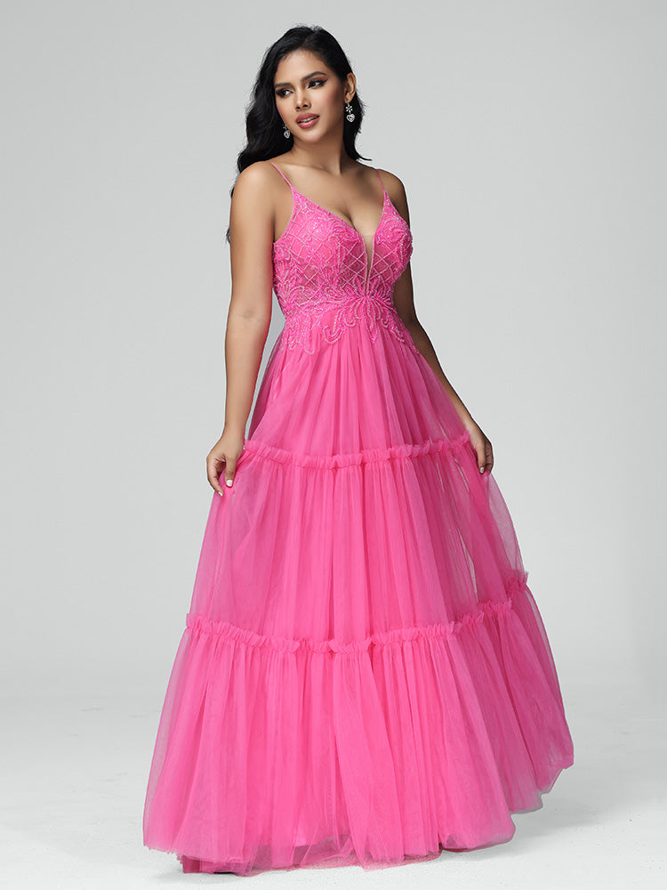 Spaghetti Straps Floor Length Lace Appliques Tulle Prom Dress