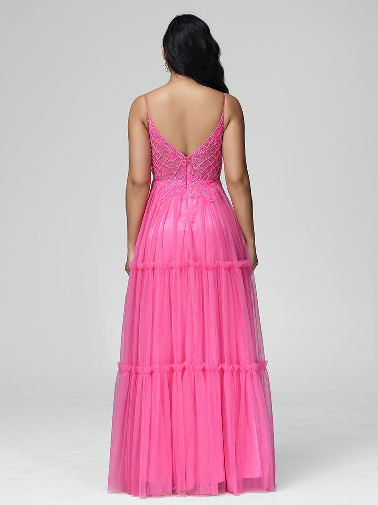 Spaghetti Straps Floor Length Lace Appliques Tulle Prom Dress