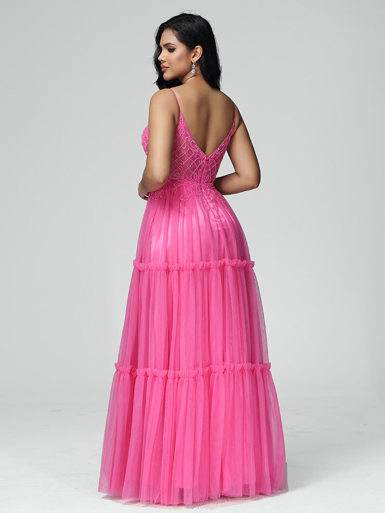 Spaghetti Straps Floor Length Lace Appliques Tulle Prom Dress