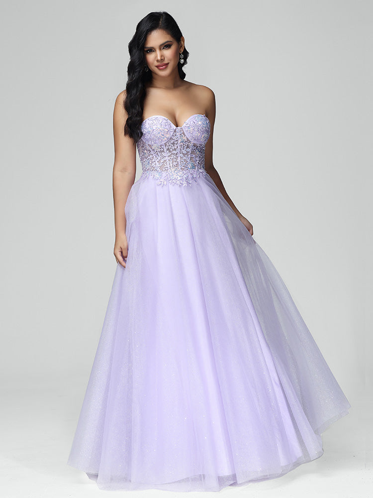 Strapless A Line Lace Appliques Tulle Prom Dress