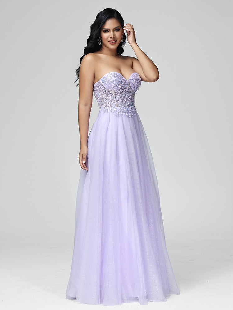 Strapless A Line Lace Appliques Tulle Prom Dress