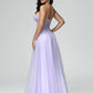 Strapless A Line Lace Appliques Tulle Prom Dress