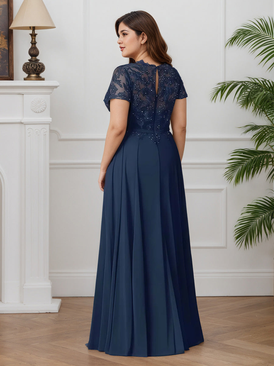 Cicinia Dark Navy Prom Dresses Long Chiffon Lace A-line Short Sleeves Plus Size