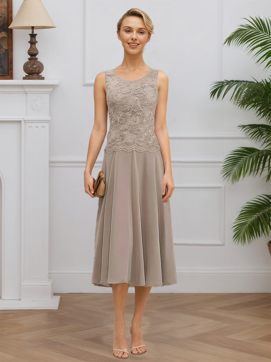 Cicinia Taupe Mother Of The Bride Dress With Jacket Long Lace Chiffon A-line Tea Length