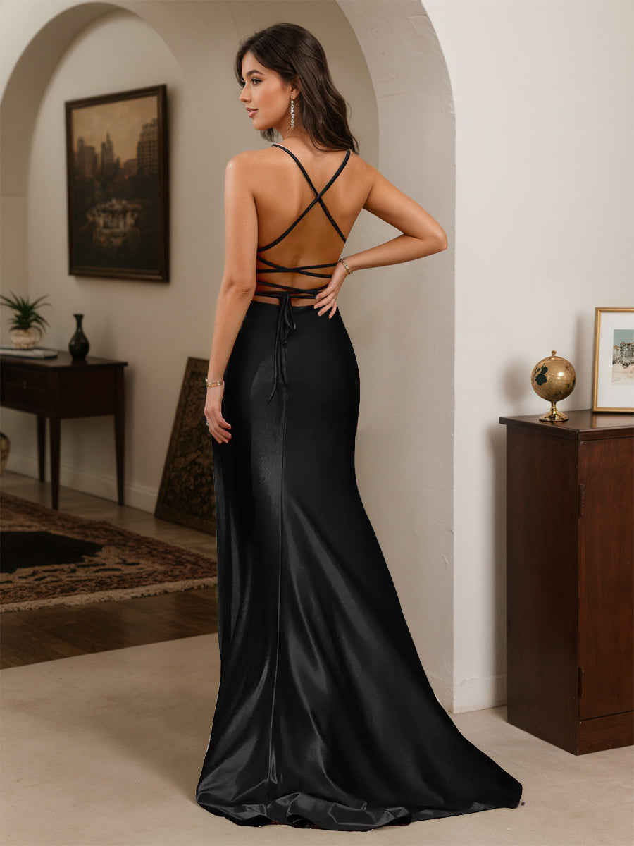 Cicinia Black Prom Dresses Long Spaghetti Straps Backless Sheath Slit Gowns