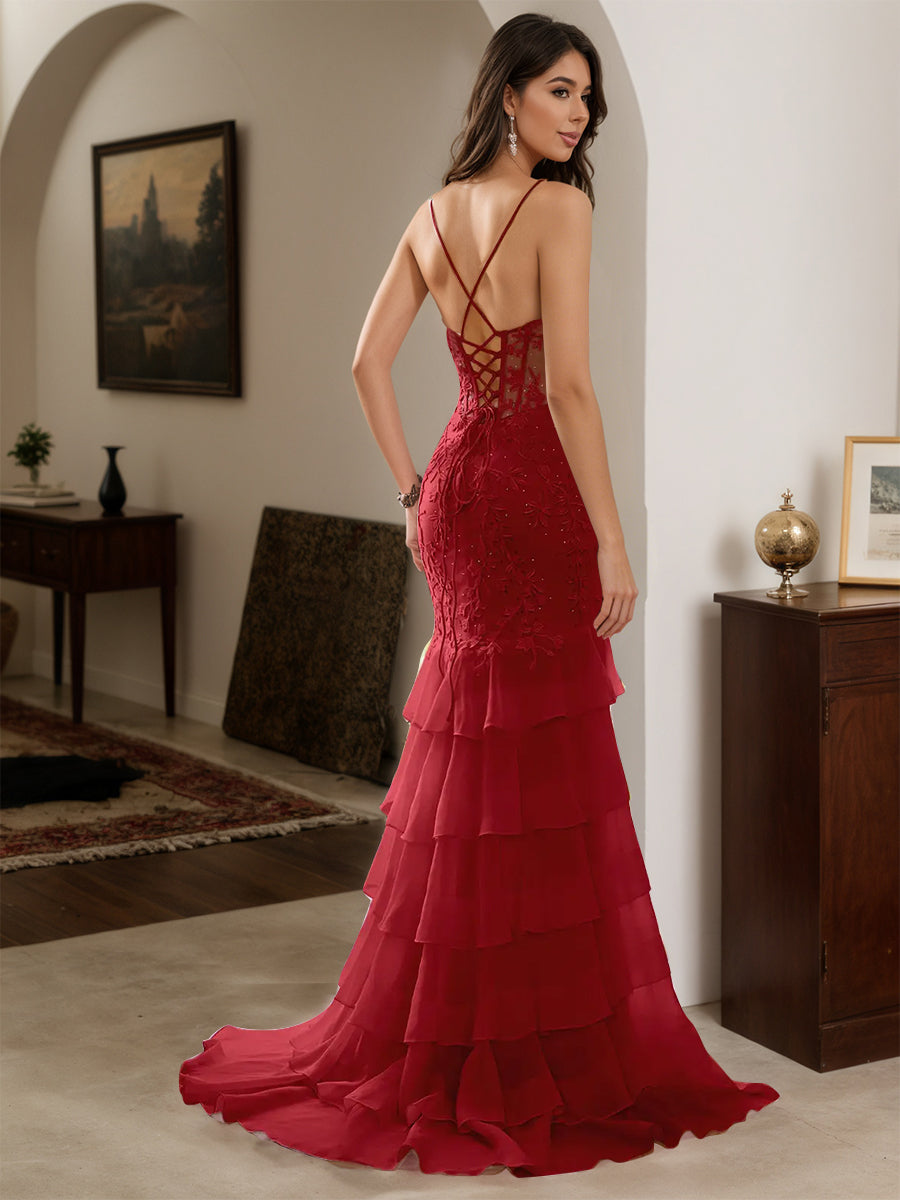 Cicinia Burgundy Prom Dresses Long Chiffon Appliques Lace Sheath Layered Spaghetti Straps